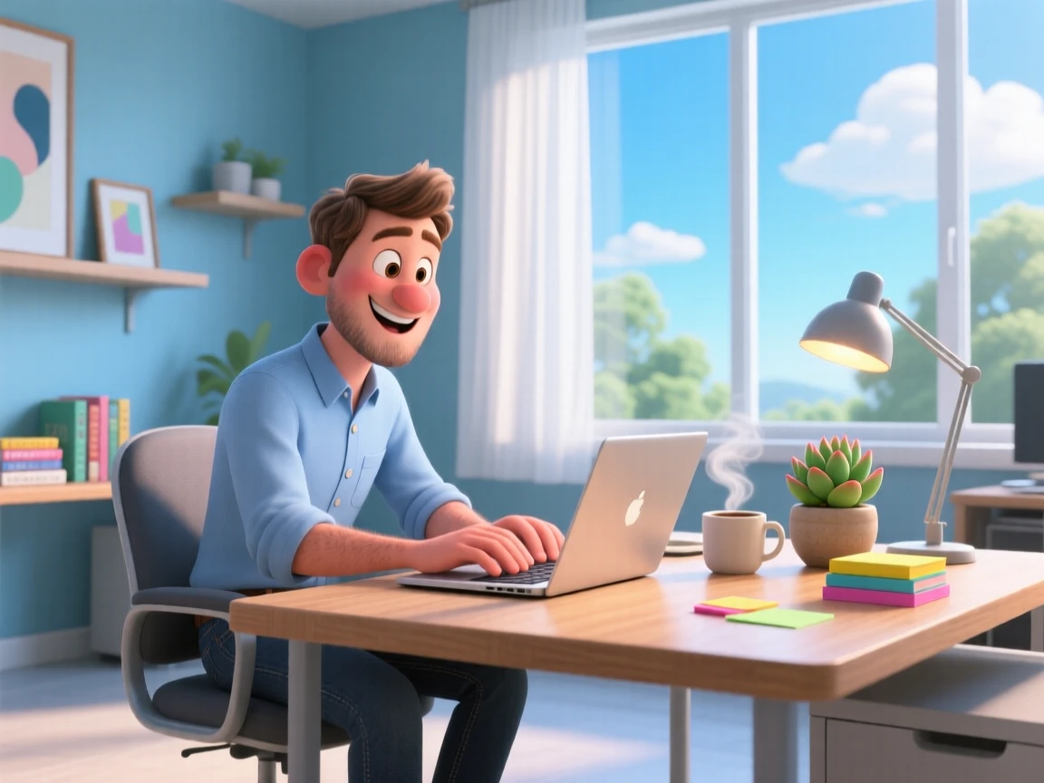 Cartoon illustration of a man working at a desk in a bright, modern office with blue walls and natural light.