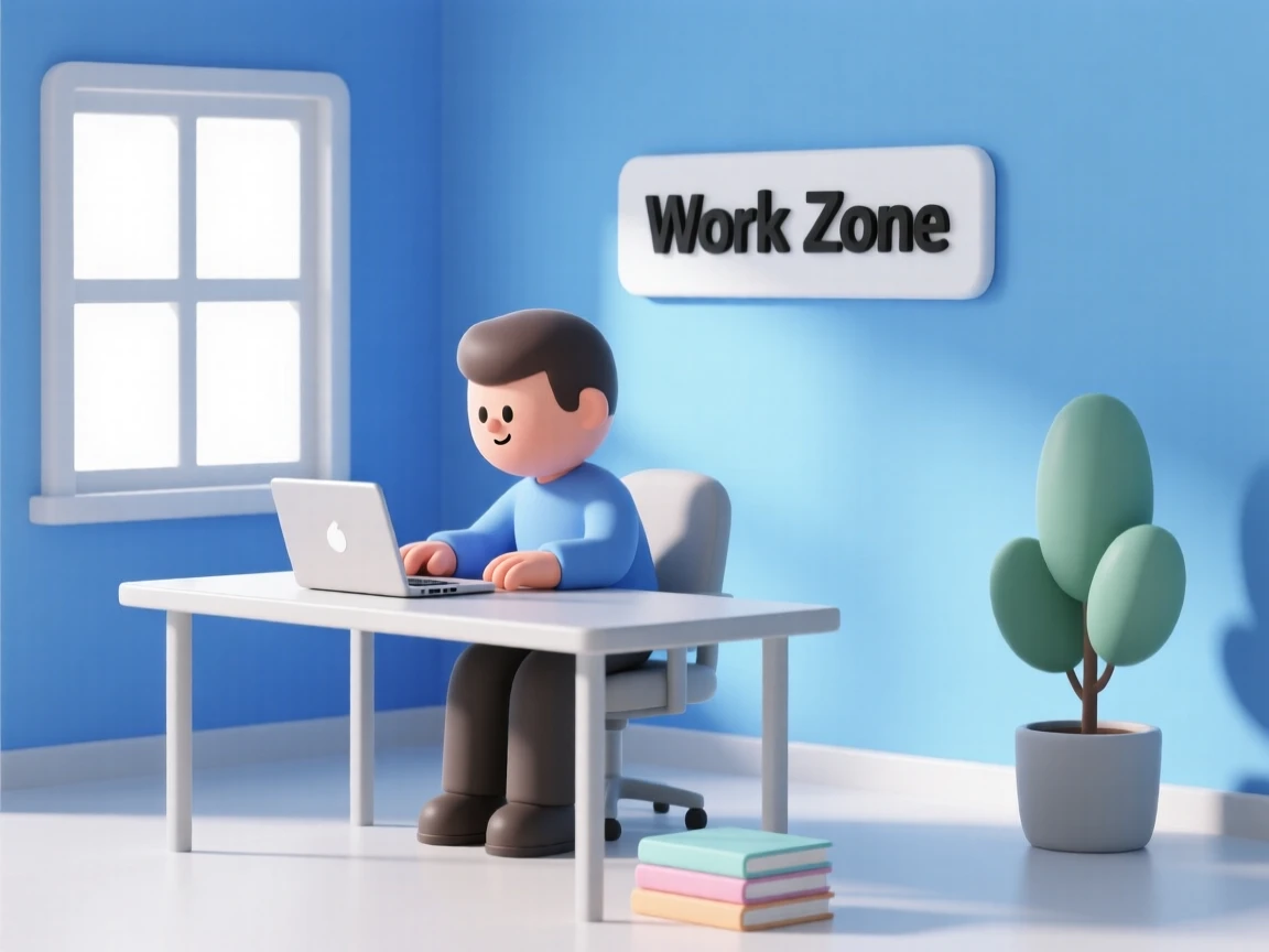 Cartoon illustration of a man working at a desk in a bright, modern office with blue walls and natural light.