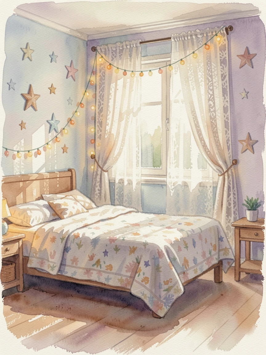 A child's bedroom decorated with stars and fairy lights with soft afternoon light streaming through lace curtains.