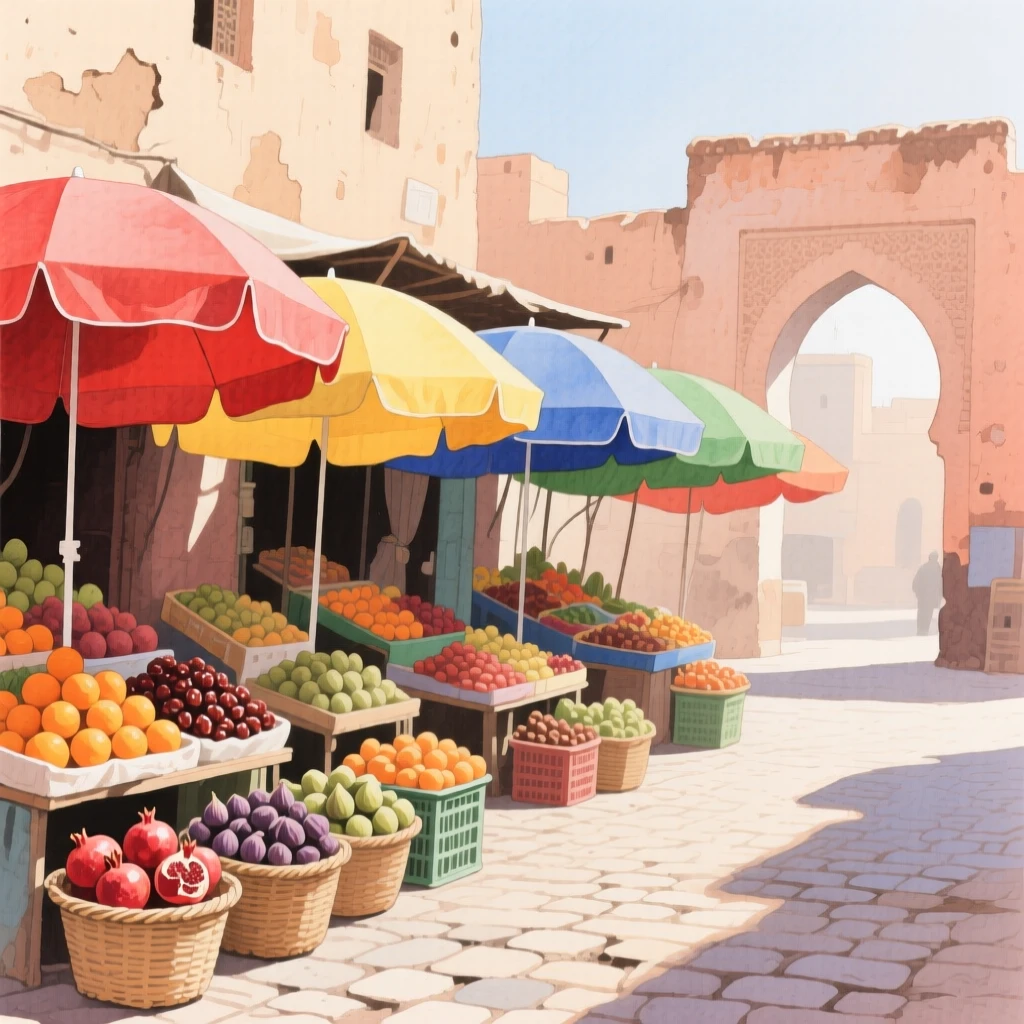 Colorful market umbrellas shade fruit stalls along a cobblestone street in old Marrakech at midday