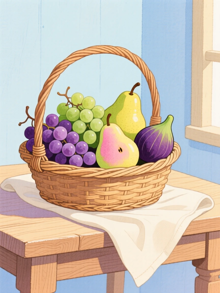 A cozy scene featuring a fruit basket bursting with grapes, pears, and figs.