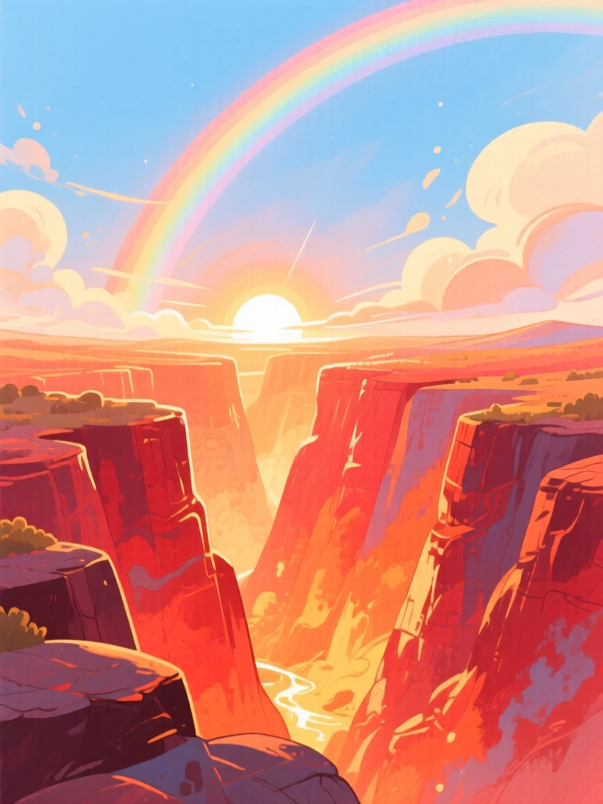 A canyon glowing orange and red at sunset, with a rainbow arching softly overhead, evoking peaceful serenity and awe.