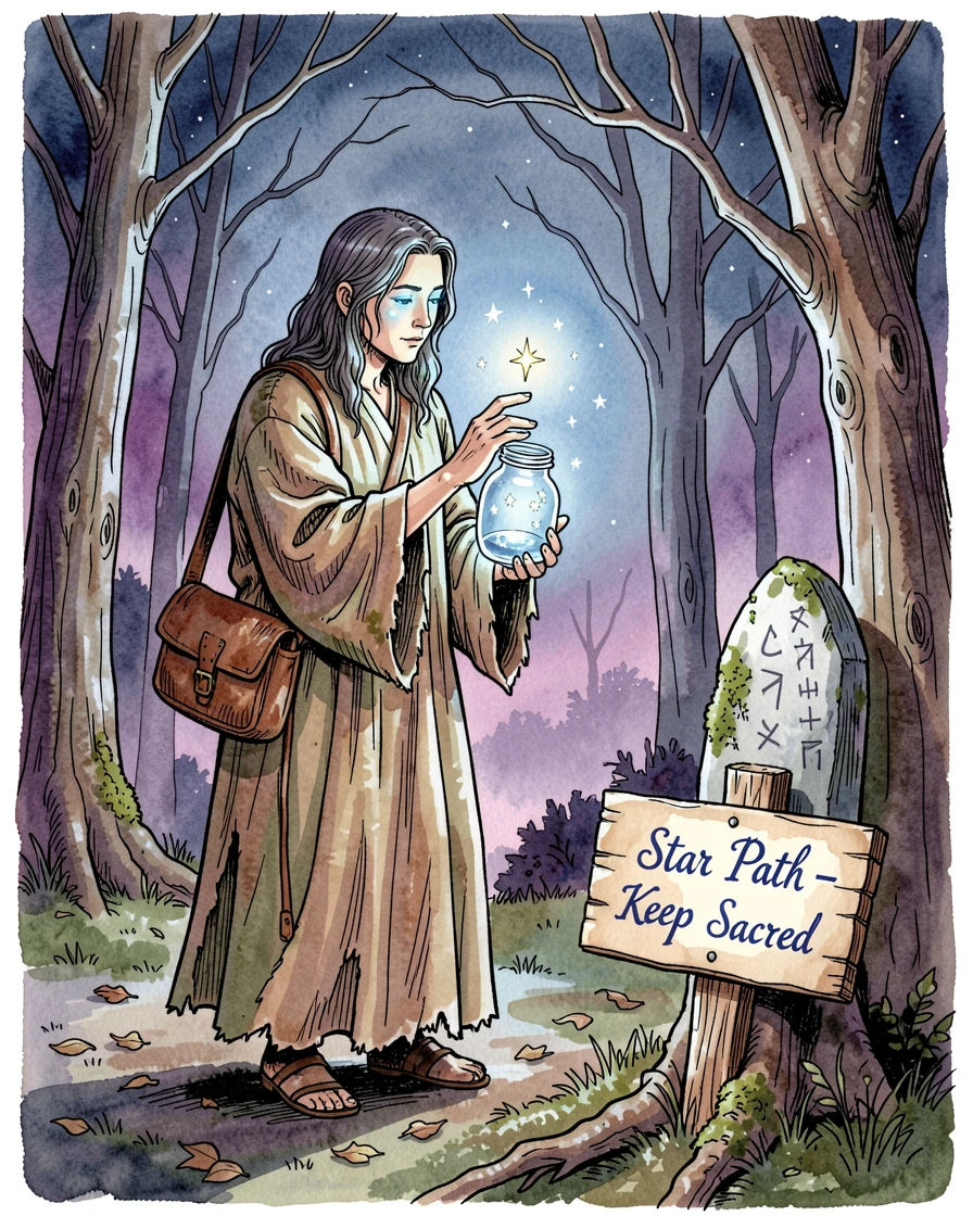 A wandering star-collector gathering fallen stars in a glass jar, the atmosphere charged with quiet, ancient magic.