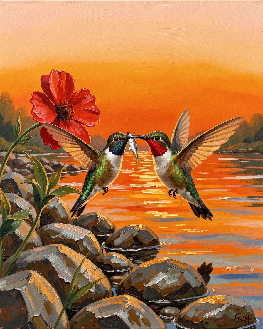 A hummingbird hovering beside a bright red flower, a fish caught firmly in its beak, along a rocky riverbank at dawn, at sunset, silhouetted against a brilliant orange sky.