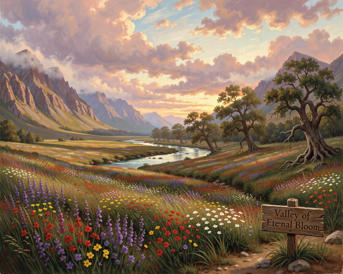 A sweeping valley carpeted in wildflowers.