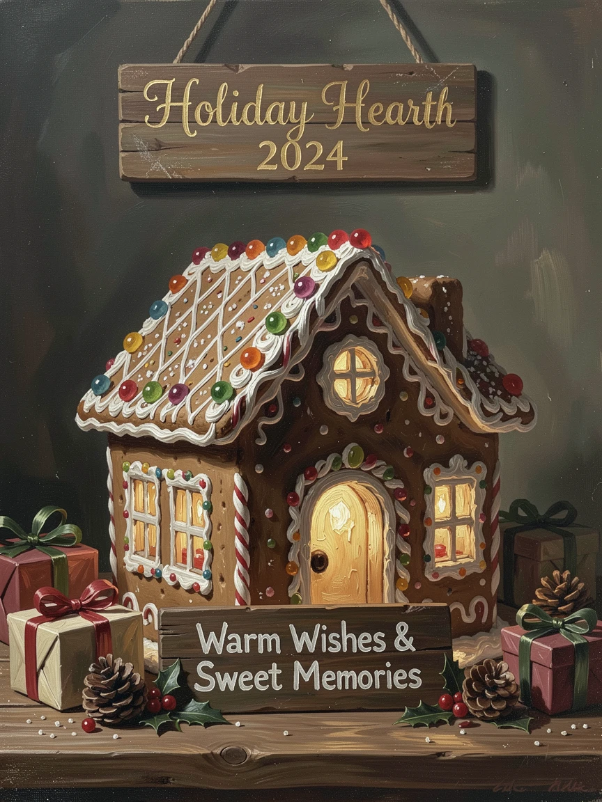 A festive gingerbread house display glowing beneath soft holiday lighting, with warm, inviting light glowing throughout the scene, radiating comfort, celebration, and heartfelt togetherness
