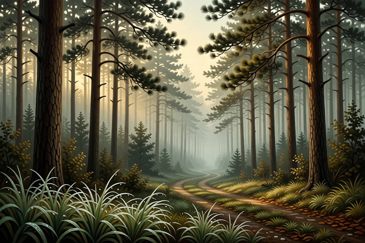 A misty pine forest with a narrow path leading into the unknown holding the hush of early morning before the world awakens, set within reach of a winding country path, with dew still clinging to blades of grass in the early light; layered depth separates near, middle, and far distance beautifully, filled with calm, restorative beauty.