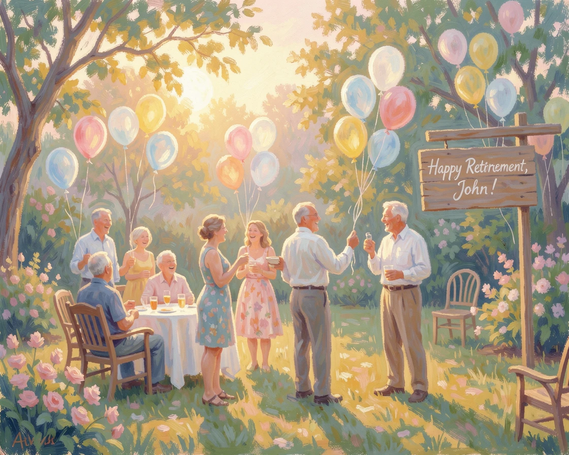 A joyful retirement party in a backyard filled with balloons, laughter, and old friends reminiscing, at golden sunrise, capturing a fleeting moment of pure happiness.
