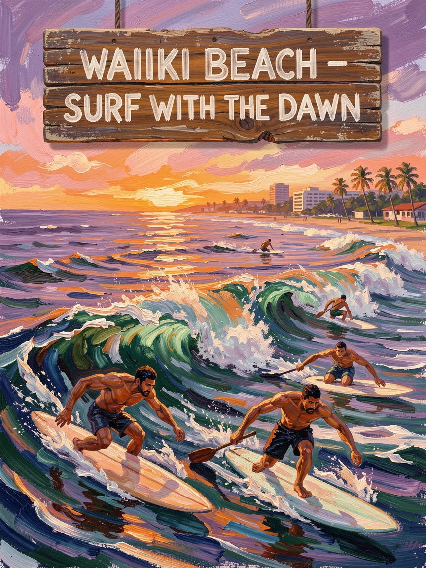 Surfers paddling out at dawn on the famous waves of Waikiki Beach.