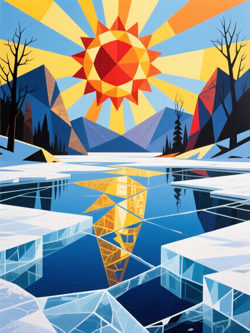 A candid medium shot of a still glacial lake under a blazing midday sun, in deep winter.