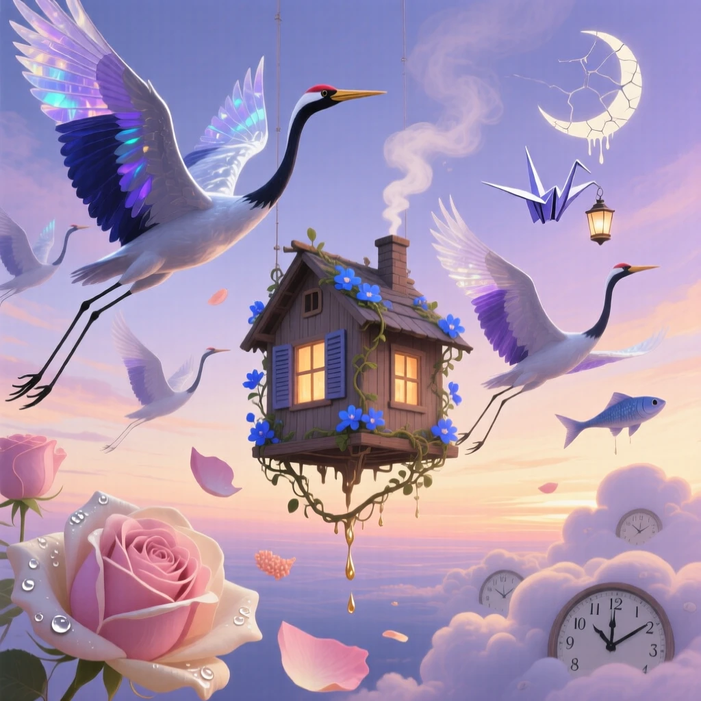 A flock of cranes carrying a small house gently between them drifts silently beneath a sky painted in soft twilight colors, while soft petals drift down from an unseen sky above.