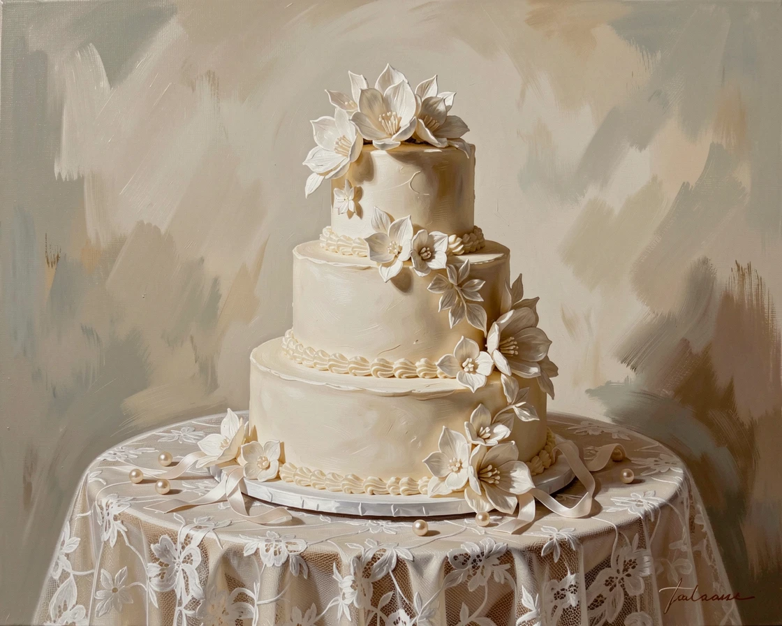 A towering three-tier wedding cake covered in delicate sugar flowers sits on a lace-draped table, soft light catching every intricate detail of the frosting, small garnishes and finishing touches arranged with quiet, deliberate care.