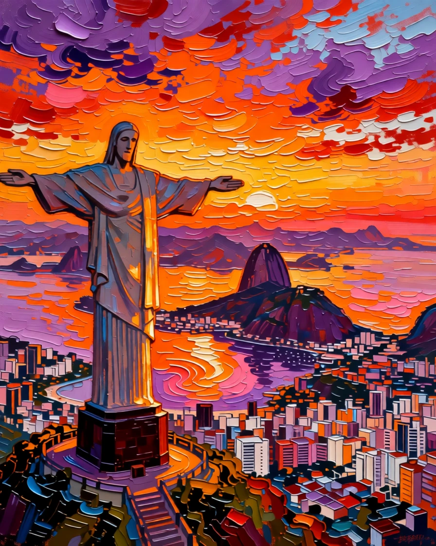 A sweeping view of Rio de Janeiro's Christ the Redeemer statue above the city at sunset