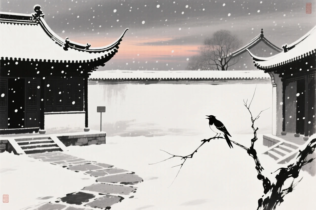 Snow falls silently over a quiet temple courtyard at dusk, as a single bird calls out across the silent landscape.