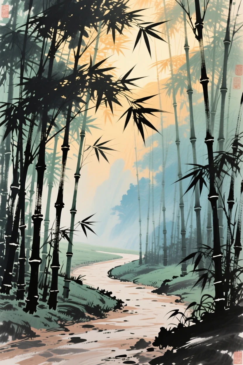 A quiet path through a bamboo grove with no one in sight, carrying a mood of wistful nostalgia, in the last golden light of day.