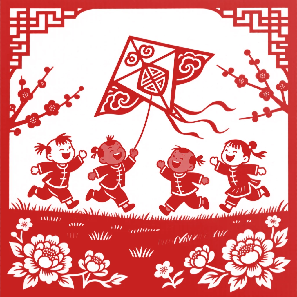 A group of laughing children, chasing a paper kite across an open field, the scent of blossoms filling the spring air.