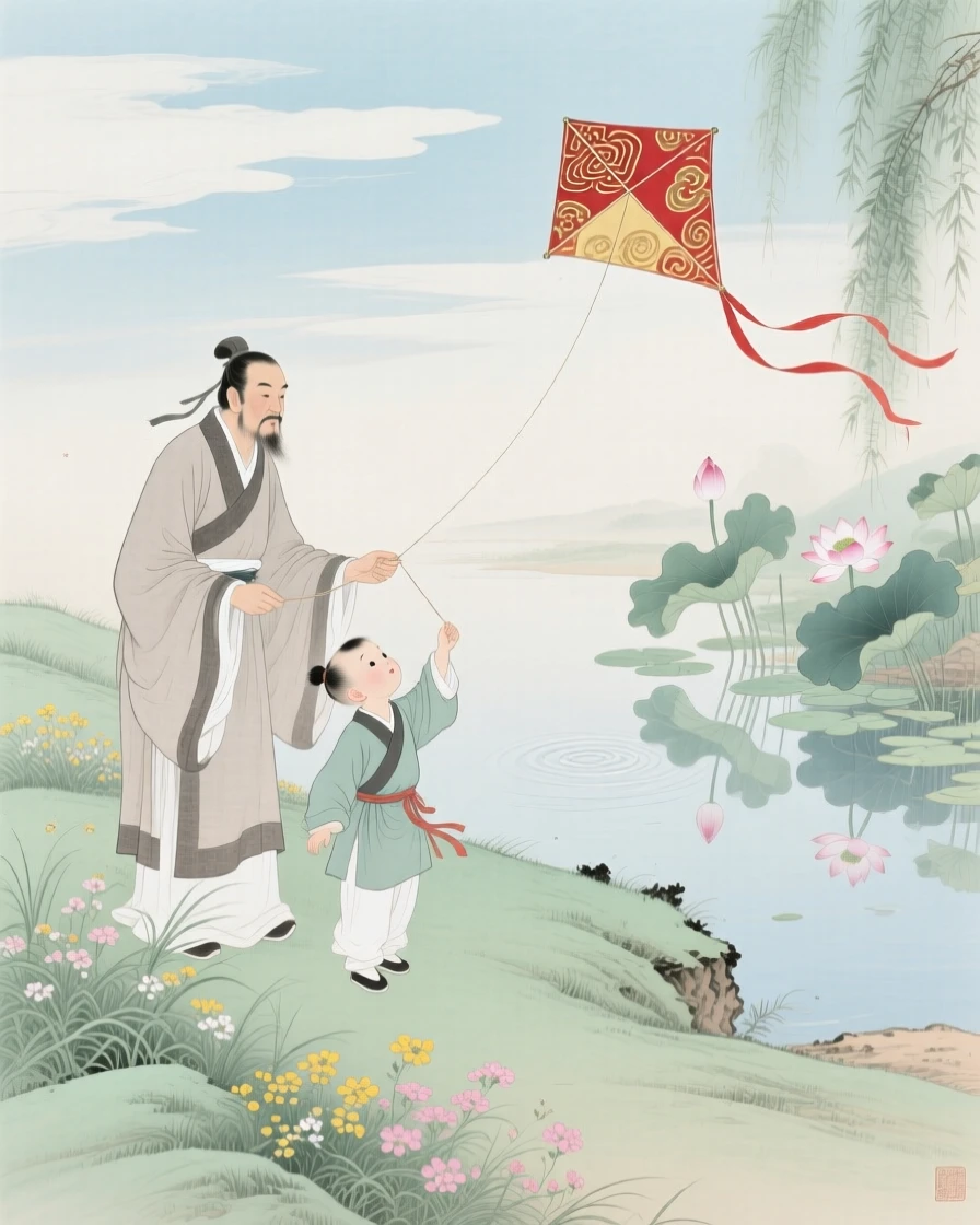 A father teaching his young son to fly a kite on a windy hillside, beside a quiet garden pond