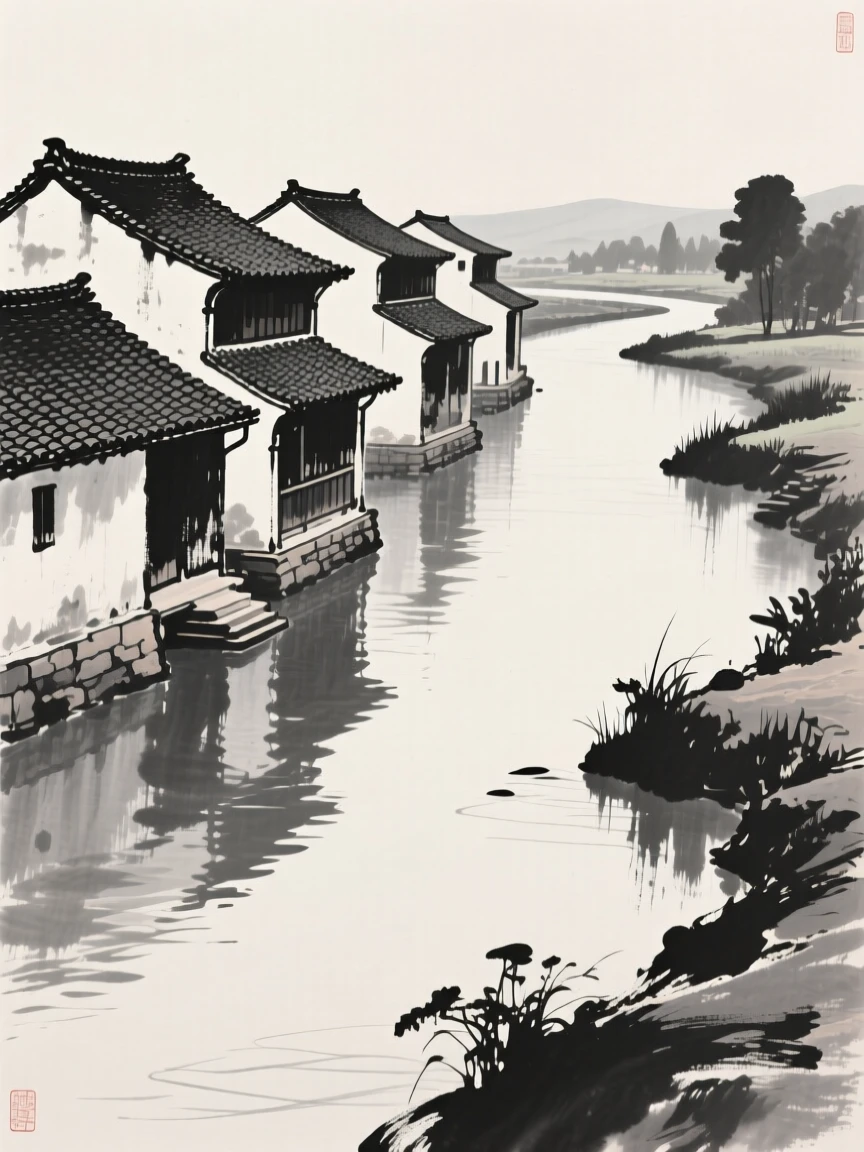 A row of traditional tiled rooftops beside a quiet, meandering river, seen from across still water, reflected on the surface, capturing a serene blend of nature and human presence.