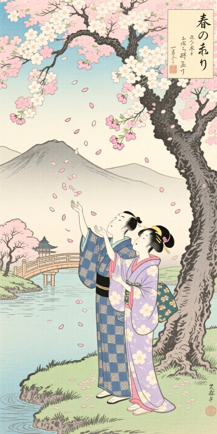 A young couple reaching up to catch falling cherry blossom petals.