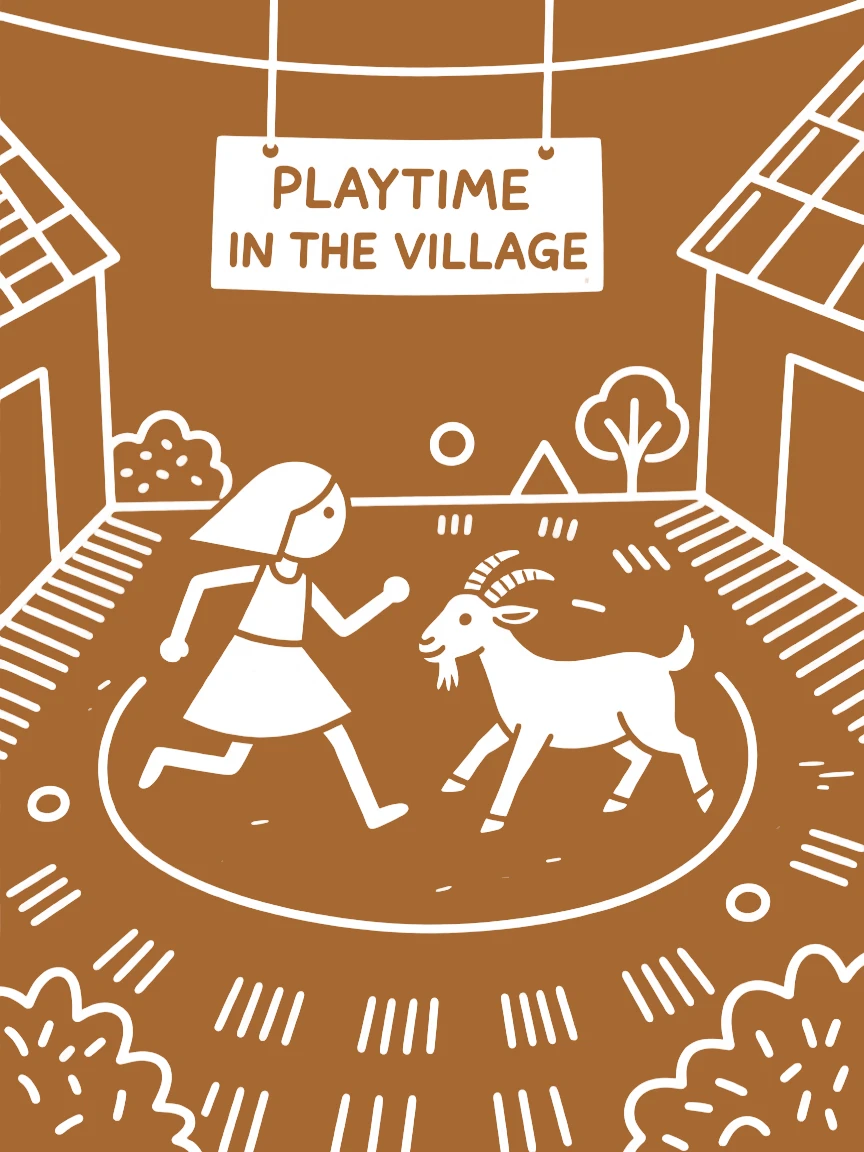 A girl and her pet goat chasing each other around a courtyard.