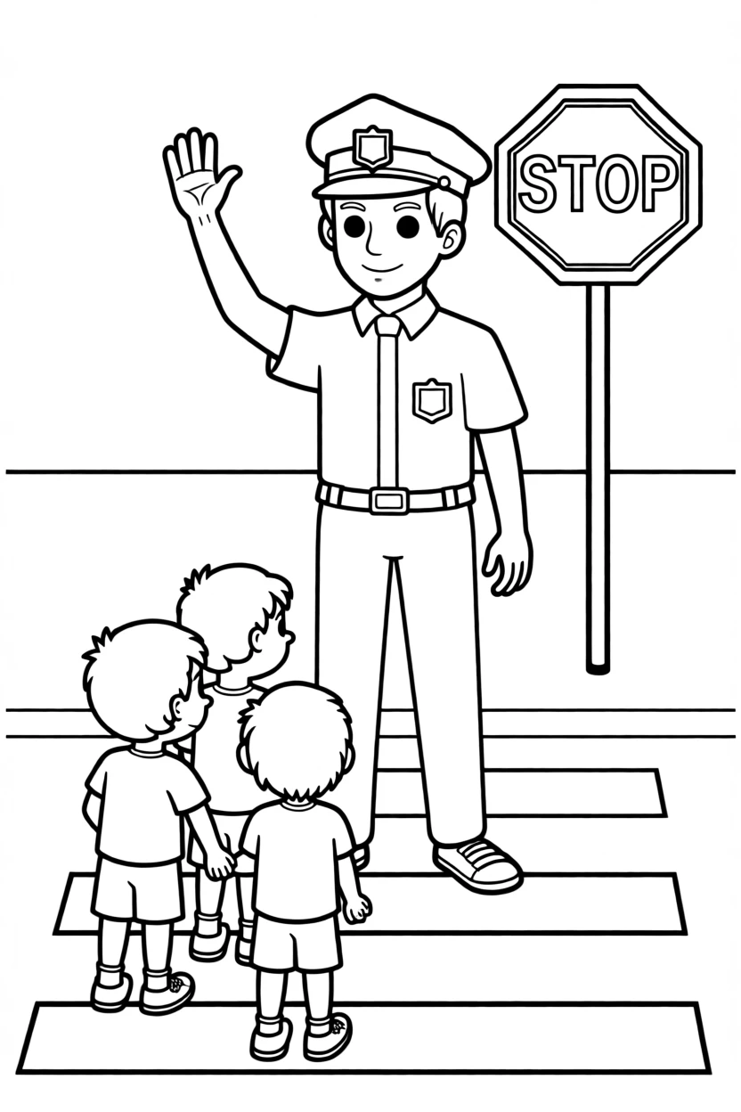 A police officer helping children cross the street safely