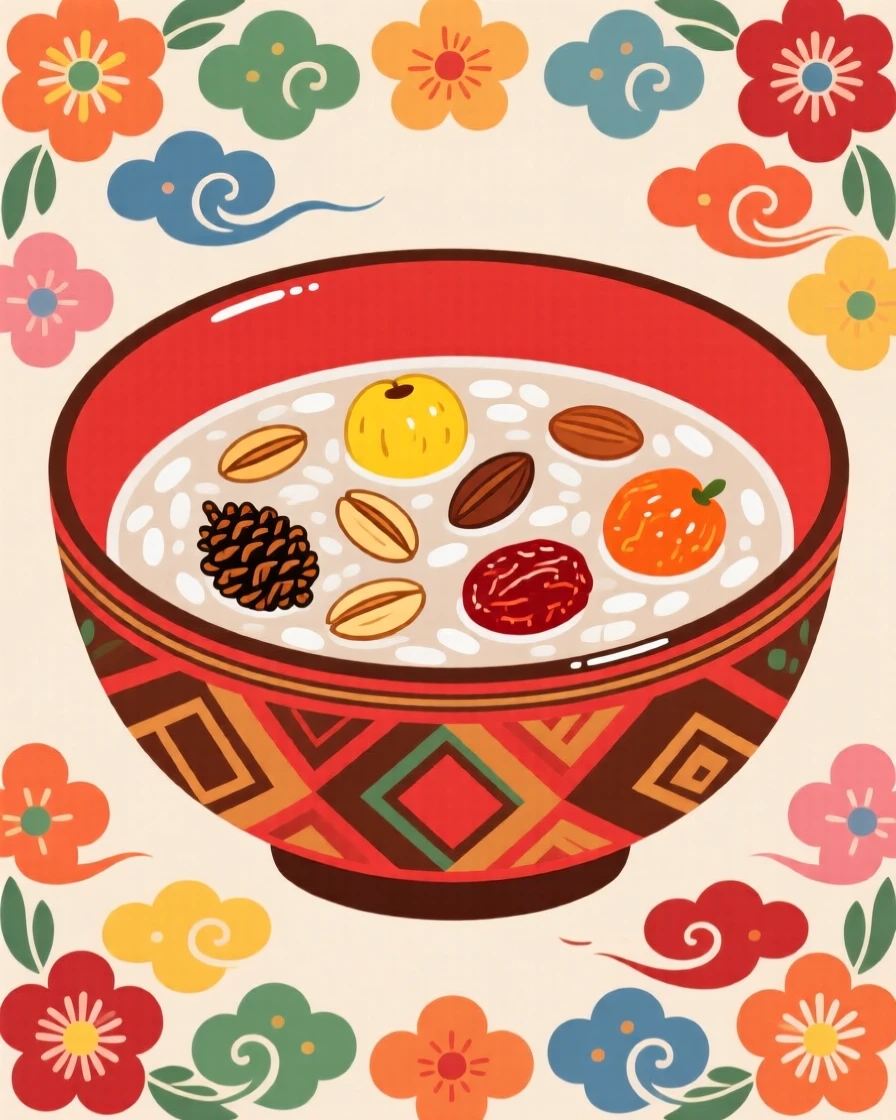 A bowl of sweet rice punch garnished with pine nuts and dried fruit.