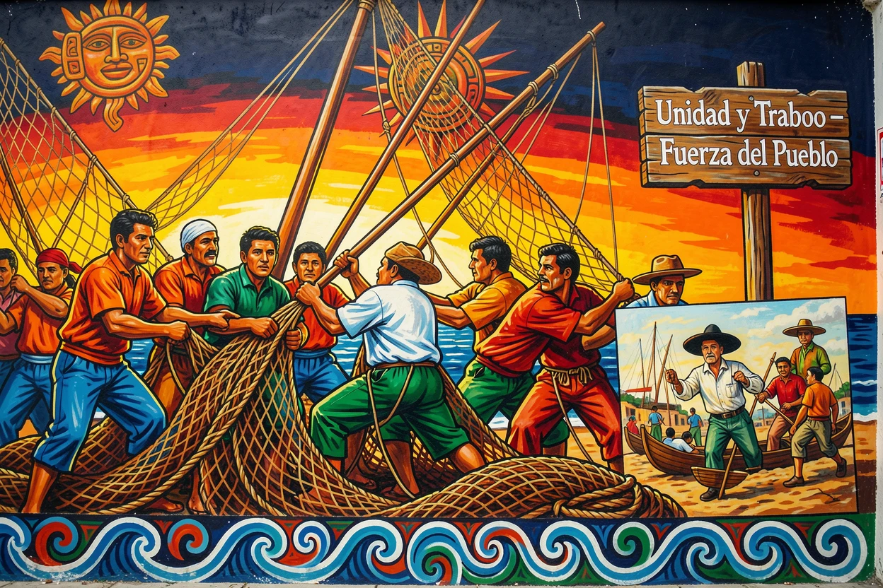 A group of fishermen hauling in their nets at dawn
