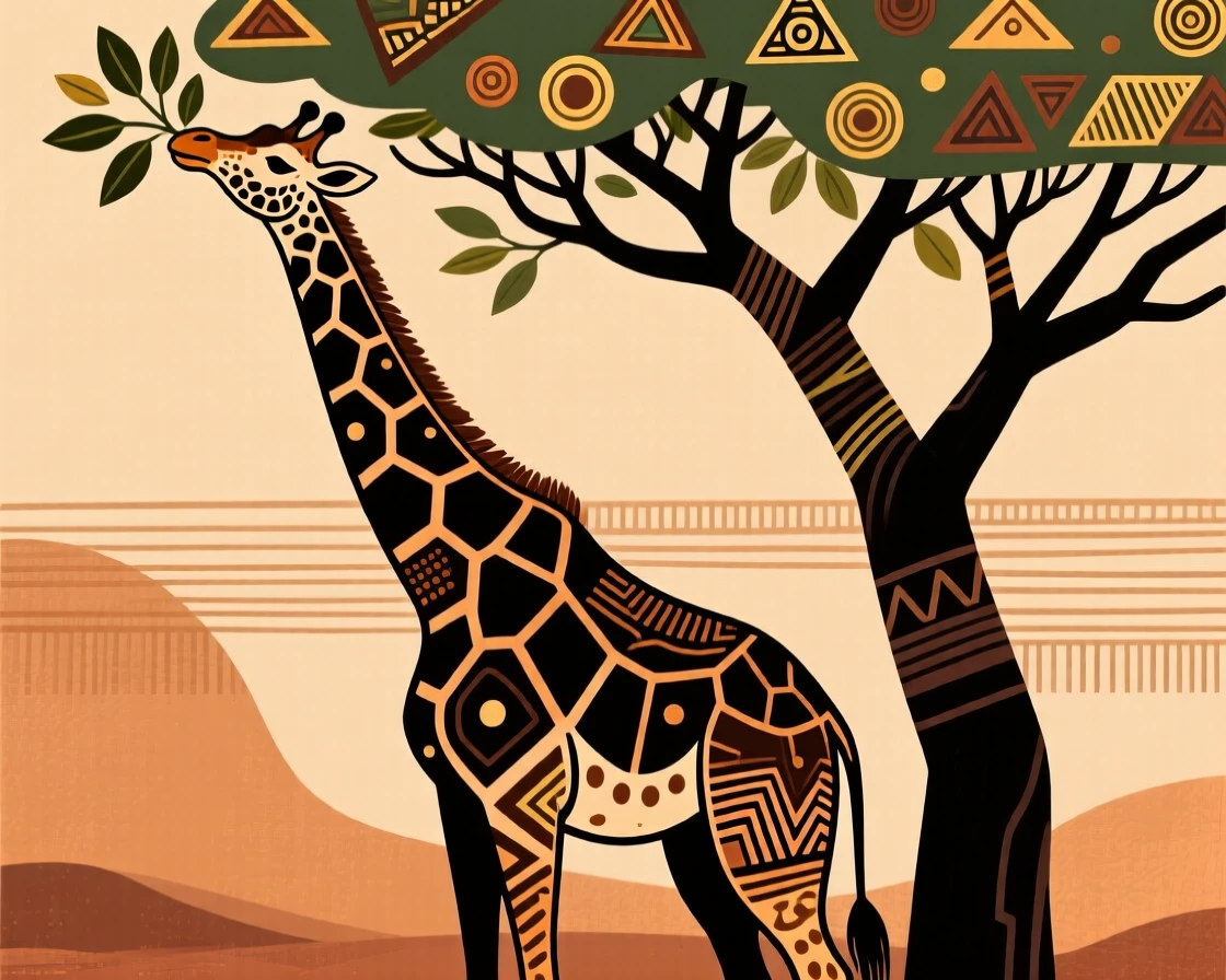 A towering giraffe reaching for leaves at the top of an acacia tree.
