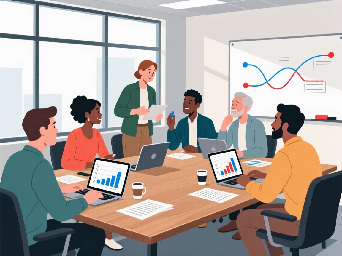 Illustration of a diverse team in a meeting, collaborating around a table with laptops and documents.