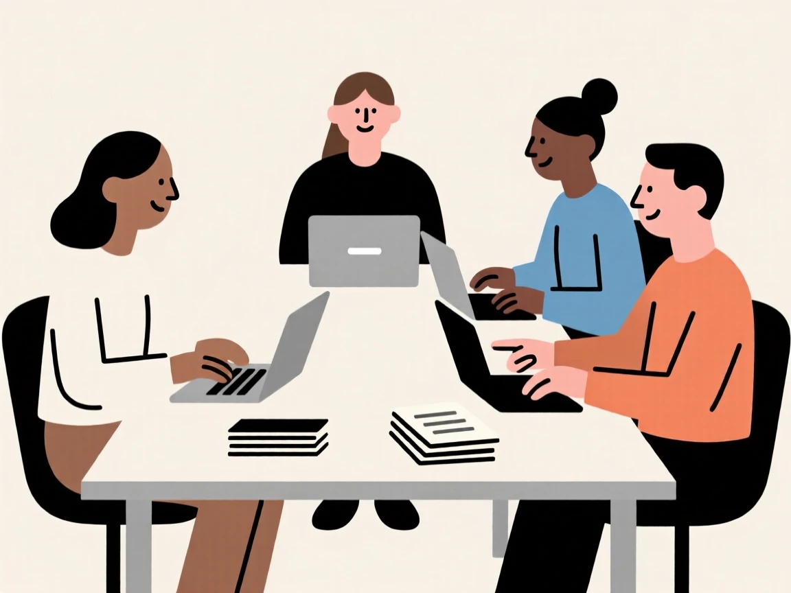 Illustration of a diverse team in a meeting, collaborating around a table with laptops and documents.