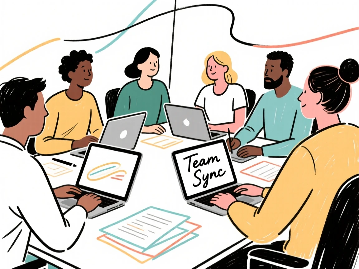 Illustration of a diverse team in a meeting, collaborating around a table with laptops and documents.
