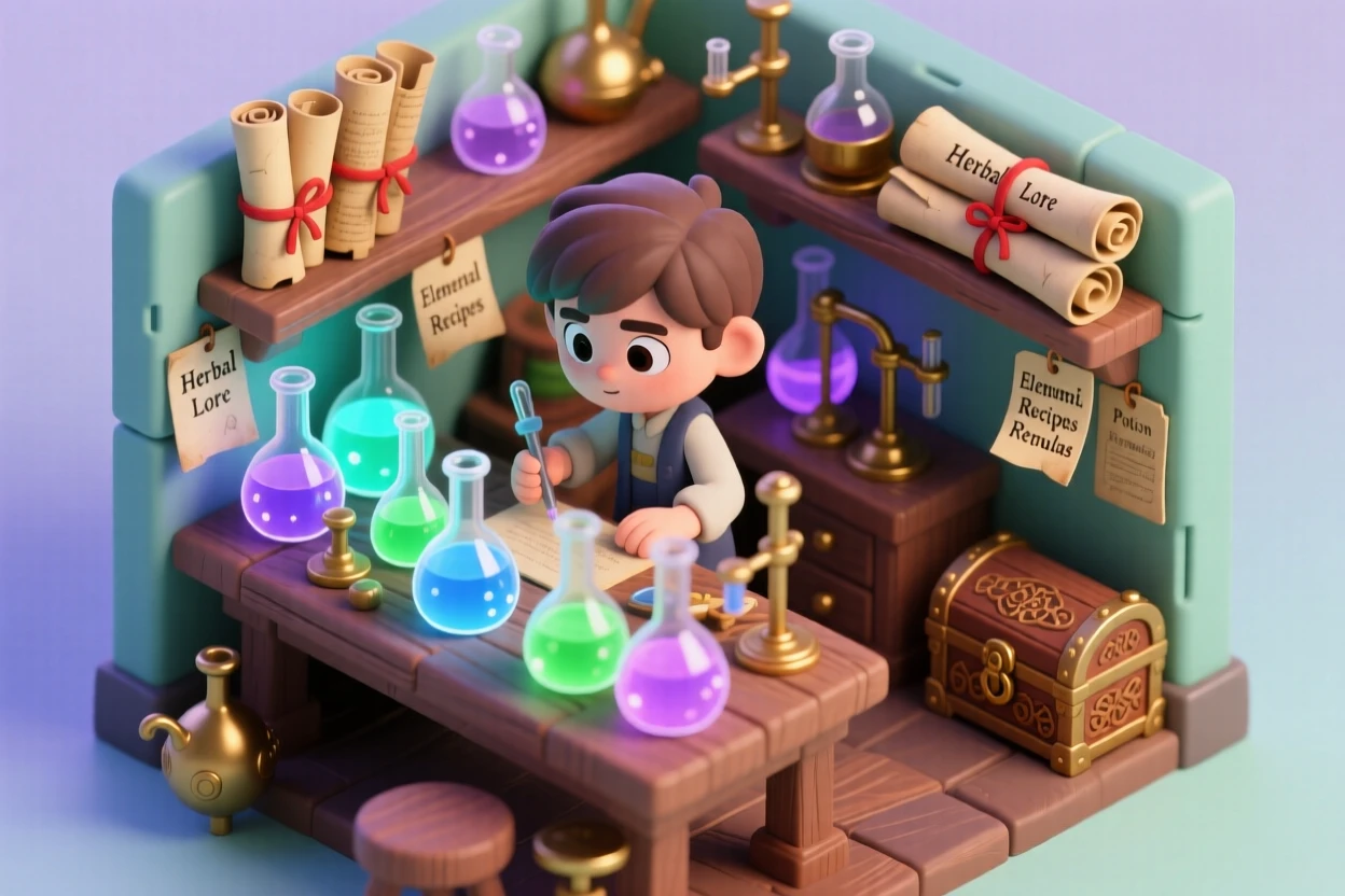 A young alchemist mixing glowing potions in a laboratory filled with bubbling flasks and ancient scrolls.