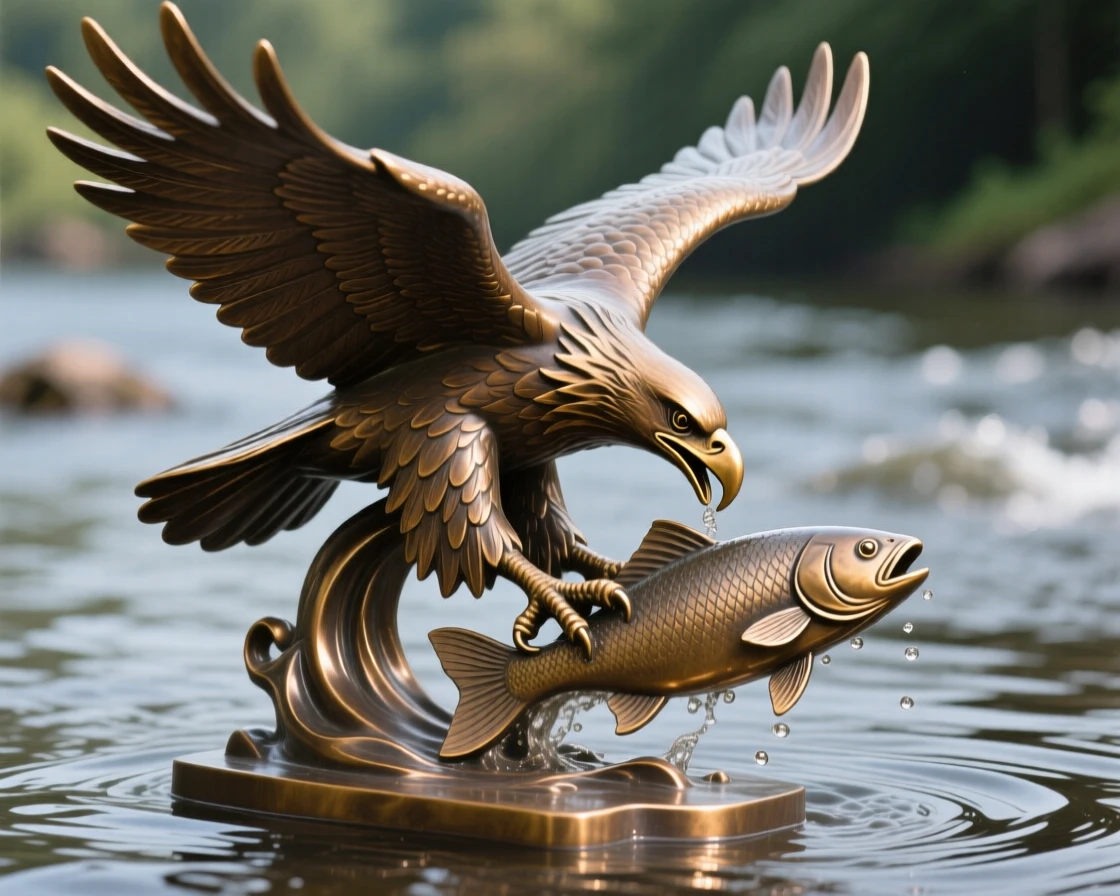 A bald eagle catching a fish from a river, with elegant, flowing form, evoking wonder and majesty