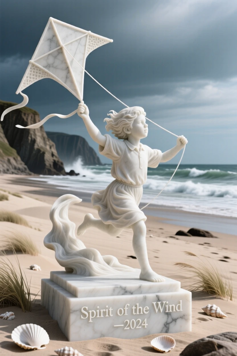 A beautifully composed image of a kite flying high above a windswept beach, framed by dramatic natural scenery, full of atmosphere and visual storytelling