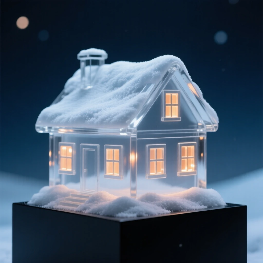 A snowy cabin glowing warmly against a dark winter sky, with warm light glowing from every window