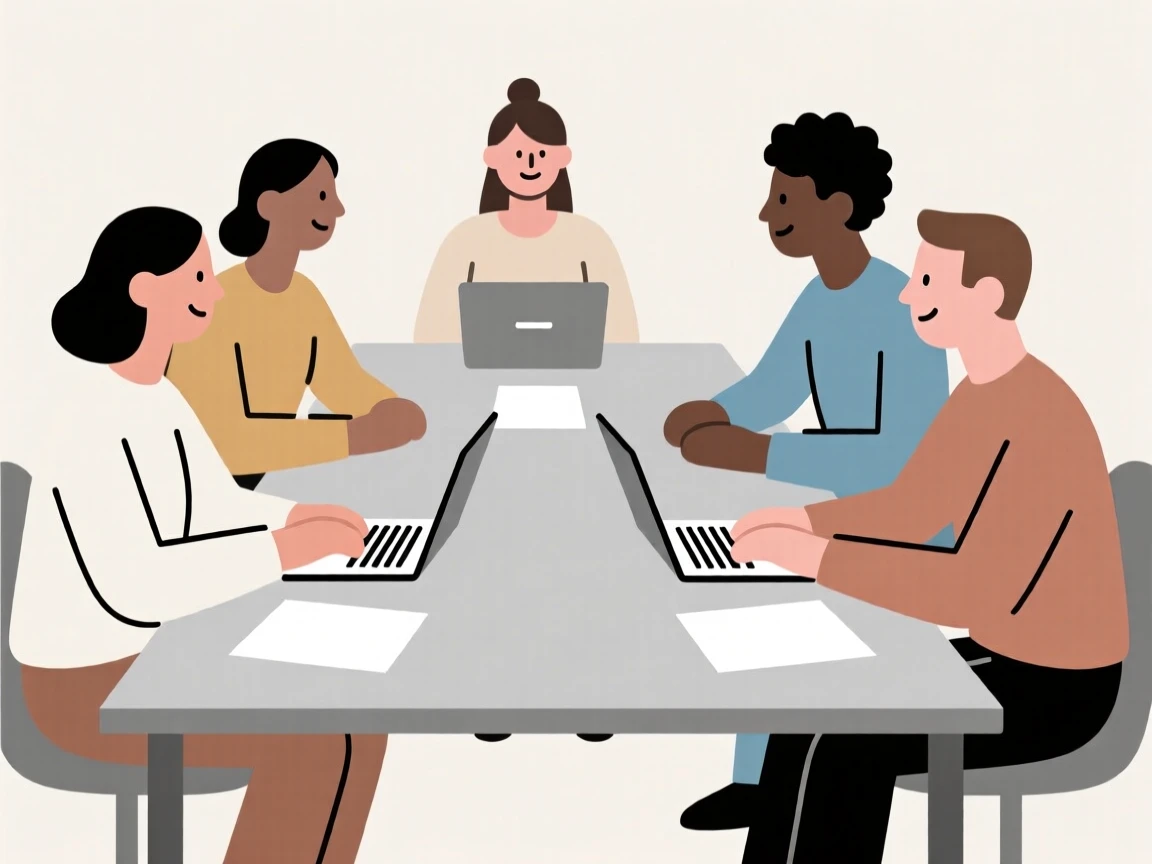 Illustration of a diverse team in a meeting, collaborating around a table with laptops and documents.