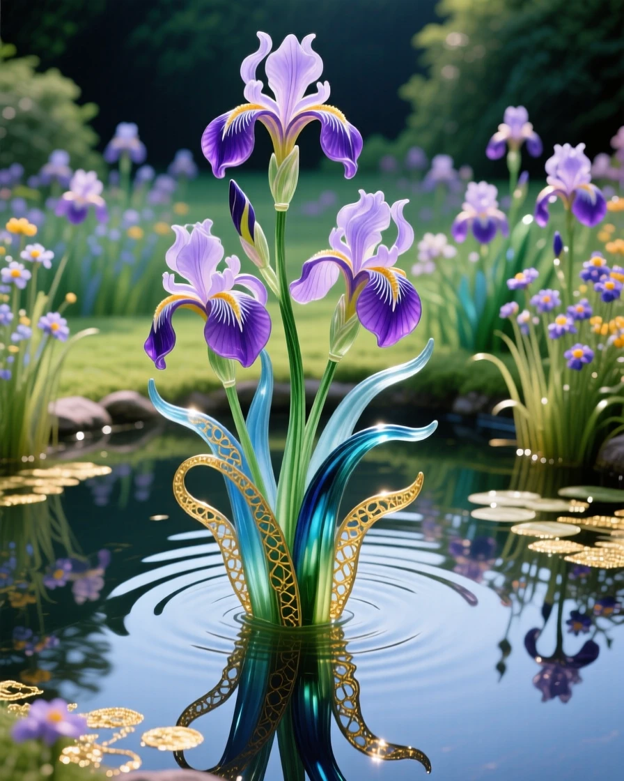 A field of blooming irises reflected perfectly in a still garden pond, elegant and serene.