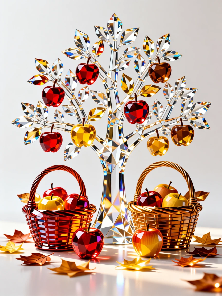 A cozy autumn apple orchard scene with baskets of freshly picked apples.