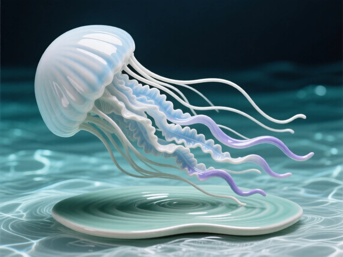 A jellyfish drifting with trailing tendrils captured mid-glide through crystal waters, trailing a faint wake through the water, evoking the vast serenity of the ocean.