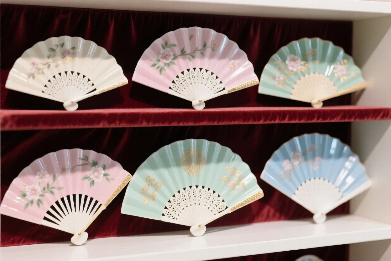 A collection of ornamental fans arranged on a velvet-lined shelf, forming a harmonious, elegant composition.