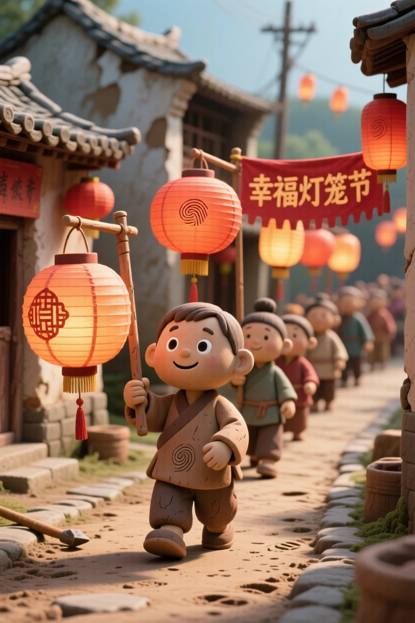 A traditional Chinese paper lantern parade winding through a village