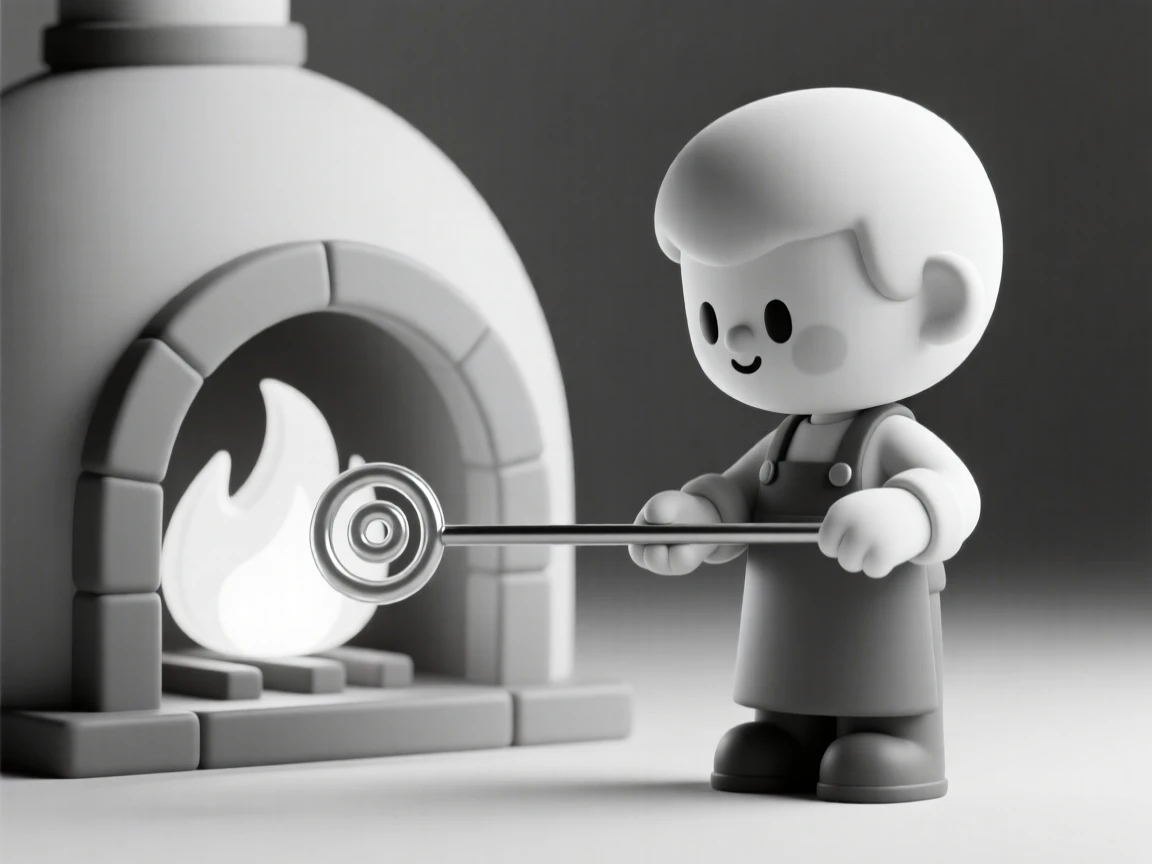 A focused glassblower shapes a swirling ornament at the end of a long metal rod near a roaring kiln.
