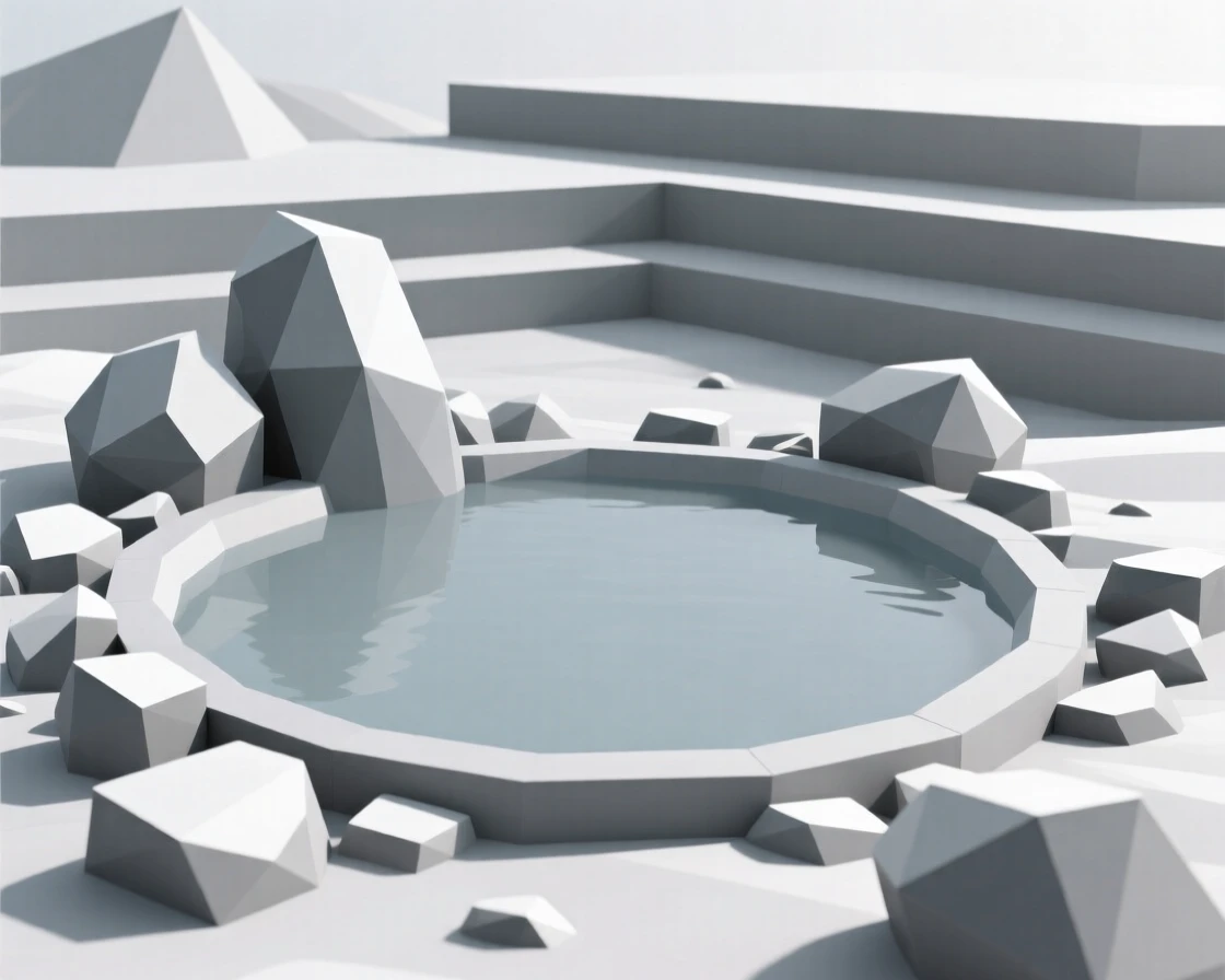 A hot spring surrounded by snow-dusted rocks, in the stillness of early morning. layers of color create a striking sense of depth. It evokes a feeling of pure tranquility.