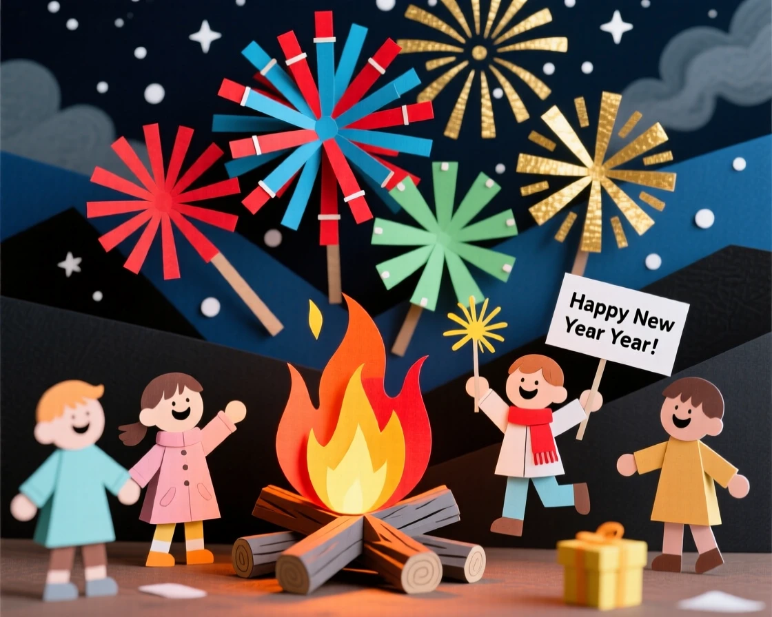 A dazzling New Year's Eve fireworks display filled with the golden light of a bonfire, with children laughing and playing nearby, capturing cherished holiday tradition.