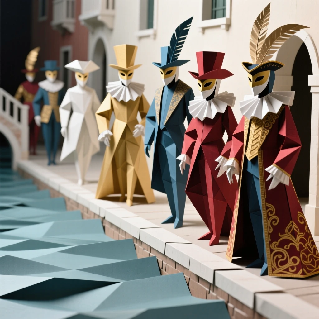 A Venetian Carnival scene with masked figures in elaborate costumes along a canal.