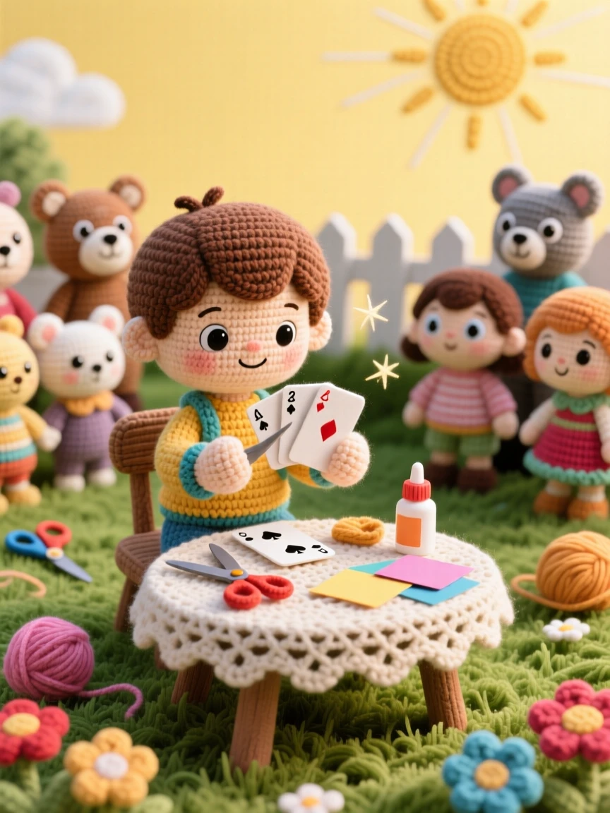 a small boy practicing magic tricks, with a small deck of cards, is captured performing for an amazed audience of toys in a sunny backyard on a warm afternoon beside a scattering of craft supplies on the table, showing patient concentration and creative satisfaction.