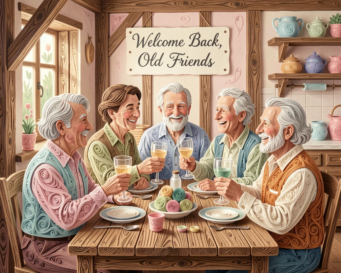 a group of old friends toasting together at a reunion, in a rustic farmhouse kitchen, shown from a gentle, heartfelt eye-level perspective, in tender pastel morning light.