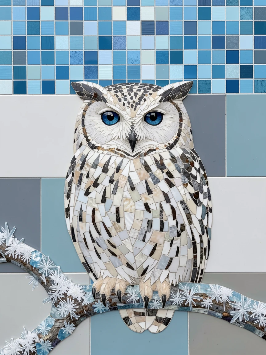 A close-up portrait of a snowy owl perched on a frost-covered branch, showing rich fur or feather detail and expressive eyes.