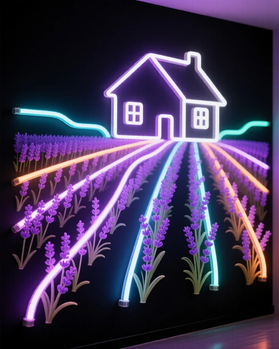 A field of lavender rows converging toward a distant farmhouse.