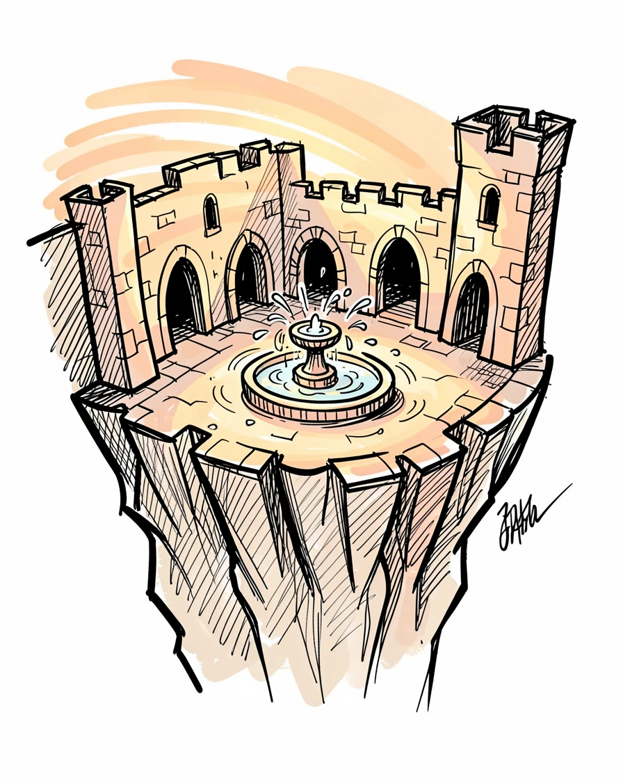 A castle courtyard with a bubbling fountain atop a cliff at sunset.